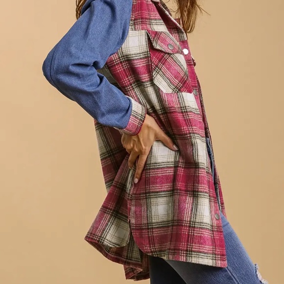 New UMGEE Plaid Flannel Fringe Shacket Magenta Pink Snap Up Denim Sleeves - Picture 7 of 13